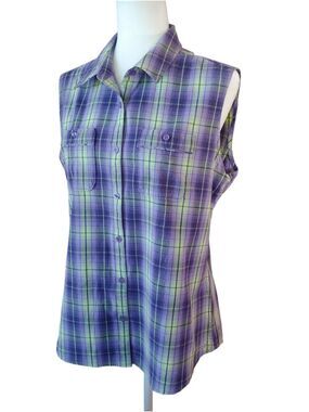Cabela's Women's Purple and Green Plaid Button Sleeveless Shirt Large